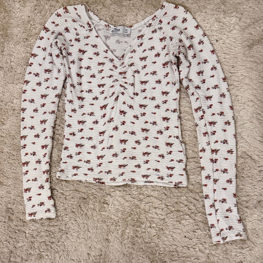 Hollister Cream Waffle Long Sleeve Top with Red Rose Print